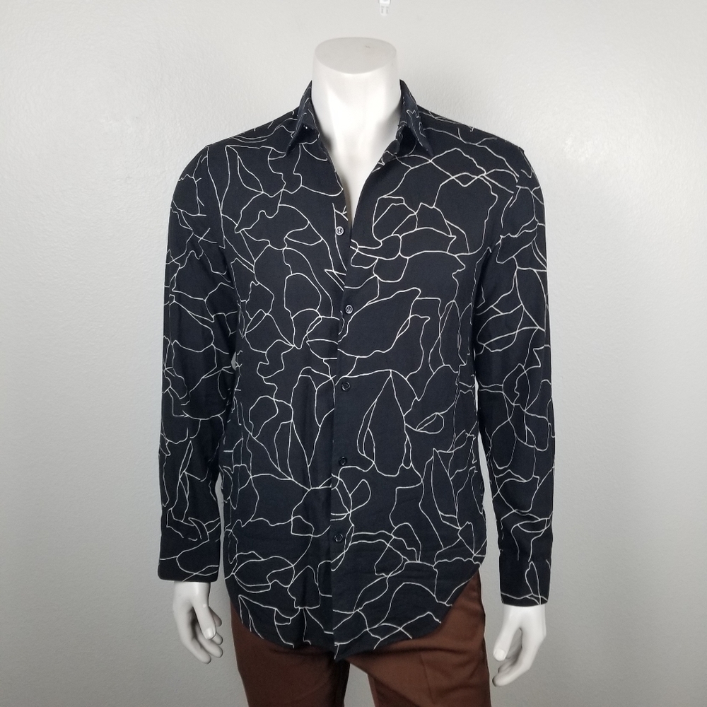 H&M Black Graphic Print Lyocell Long-Sleeved Button Down Shirt Size Small